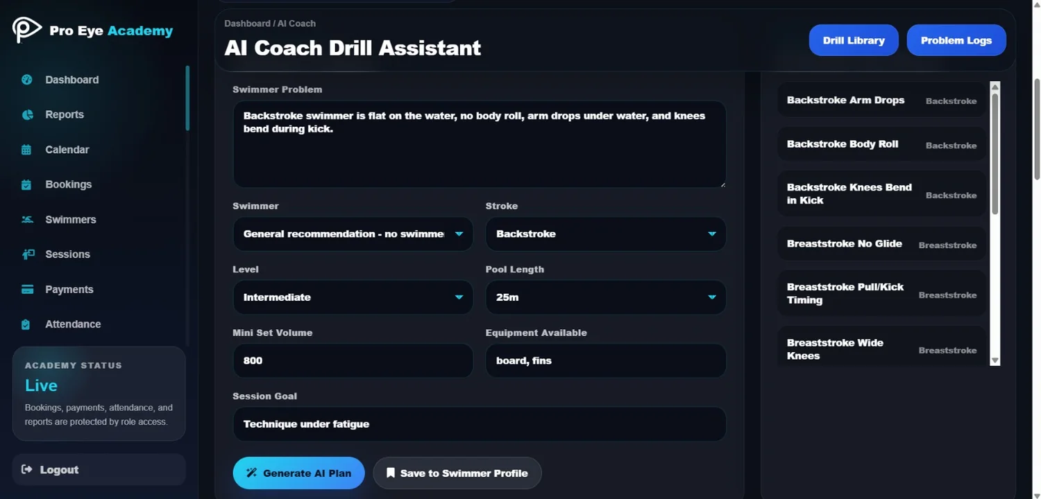 Pro Eye Academy AI Coach dashboard